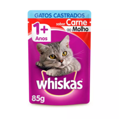 RAÇÃO ÚMIDA WHISKAS SACHE PARA GATOS CASTRADOS SABOR CARNE 85G