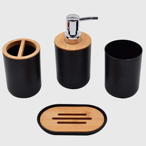 Set de Baño Plastico y Bambu 4 Piezas Negro
