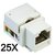 Conector Keystone Cat5E fêmea RJ45 na cor branca, mostrando a parte frontal e lateral, ideal para instalação de redes.