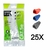 Pacote contendo 25 conectores RJ45 macho Cat5e da marca Soho Plus, com capas de proteção nas cores vermelho, azul e cinza.