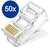 Conector RJ45 Cat5e transparente, com 50 unidades destacadas.