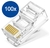 Conector RJ45 Cat6 transparente com pinos dourados, embalagem com 100 unidades.