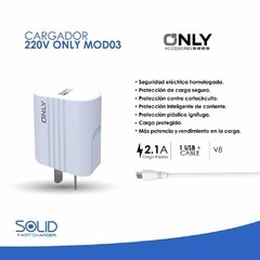 CARGADOR 220V ONLY MOD 03 – 2,1 A – 1 USB + CABLE V8 - tienda online
