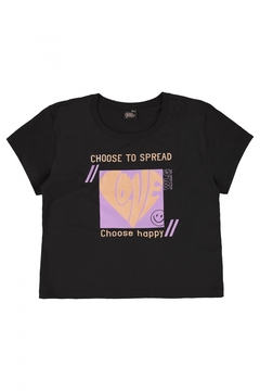 Gloss - Blusa Choose Happy de Mangas Curtas em Meia Malha (Preto) - comprar online