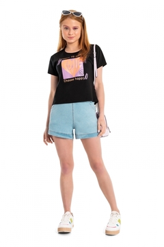 Gloss - Blusa Choose Happy de Mangas Curtas em Meia Malha (Preto)