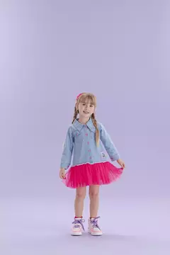 Málagah - Vestido Manga Longa Jeans Chemisier Com Saia De Tule