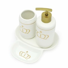 Kit Banheiro Lavabo 3 Peças Branco Porcelana Coroa Dourada
