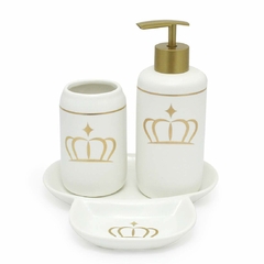 Kit Banheiro Lavabo 3 Peças Branco Porcelana Coroa Dourada - comprar online