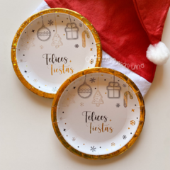 Platos chicos navideños felices fiestas stamping metalizado x8