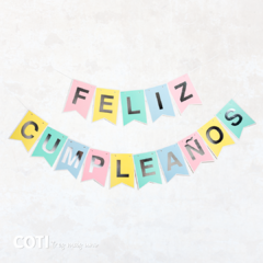 Banderin feliz cumpleaños multicolor pasteles stamping dorado 2mts largo x1