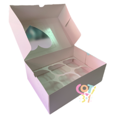 Caja visor corazon adaptable para 6 cupcakes 21x15x8cm x1 - Coti Tres Mas Uno