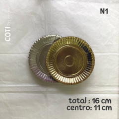 Bandeja cartón dorada o plateada n°1 16cm total 11cm central x1