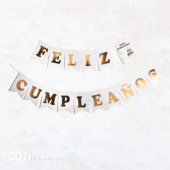 Banderin feliz cumpleaños blanco stamping dorado 2mts largo x1