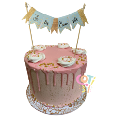 Banderin de torta celeste con confeti dorado x1