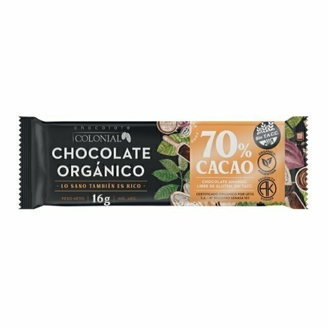 Chocolate Orgánico 70 % Colonial x 16 gr SIN TACC