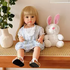 Boneca Bebê Reborn De Silicone Princesa Loira 55cm Com Coelho de Pelúcia - comprar online