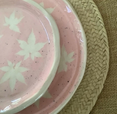 Juego de platos color rosa con hojas en internet
