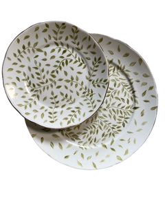 Jogo de pratos com folhas verdes e ouro - Luci Monteiro Gifts - Arte em Cerâmica | Porcelanas pintadas à mão