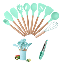 Set X12 Utensilios de Silicona con Mango de Madera Verde Agua - comprar online