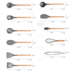 Set X12 Utensilios de Silicona con Mango de Madera Gris - Nahan