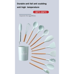 Set X12 Utensilios de Silicona con Mango de Madera Verde Agua