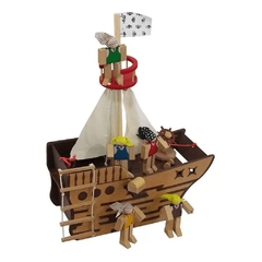 Navio Pirata De Madeira Brinquedo Educativo Com 16 Peças - Baú do Pirata