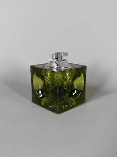 Encendedor de diseño años 70, cubo de vidrio verde