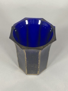 Vaso de cristal Art-Deco en azul cobalto y dorado. - Mayflower