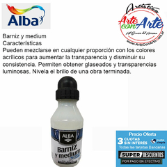 BARNIZ Y MEDIUM ALBA 500 CC - PRECIO UNITARIO - 3 CUOTAS SIN INTERES - DESCUENTOS POR PAGO EFECTIVO, DEBITO Y CREDITO EN UN PAGO