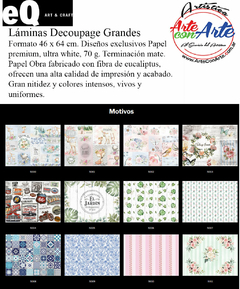 LAMINAS PARA DECOUPAGE EQ ART & CRAFT GRANDES 46,5 X 63,5 CM Papel premium, ultra white, 70 g. Terminaci«n mate. PAPEL - PRECIO UNITARIO - 3 CUOTAS SIN INTERES - DESCUENTOS POR PAGO EFECTIVO, DEBITO Y CREDITO EN UN PAGO