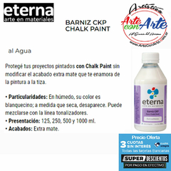 BARNIZ EXTRA MATE PARA PINTURA A LA TIZA CHALK PAINT 125 ML ETERNA - PRECIO OFERTA 3 CUOTAS SIN INTERES - DESCUENTOS PAGO EFECTIVO - 3 CUOTAS SIN INTERES - DESCUENTOS POR PAGO EFECTIVO, DEBITO Y CREDITO EN UN PAGO - comprar online