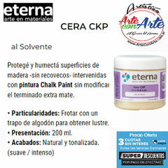 CERA PARA PINTURA A LA TIZA - CHALK PAINT 200 ML ETERNA - PRECIO OFERTA 3 CUOTAS SIN INTERES - DESCUENTOS PAGO EFECTIVO - 3 CUOTAS SIN INTERES - DESCUENTOS POR PAGO EFECTIVO, DEBITO Y CREDITO EN UN PAGO - comprar online