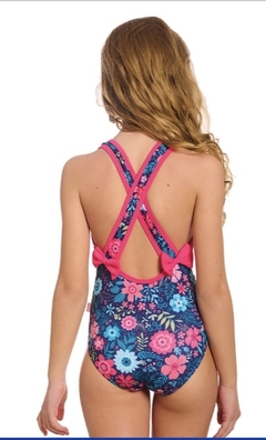 TRAJE DE BAÑO FLORES FUCSIA FONDO AZUL - comprar online