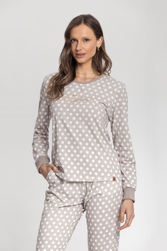 Pijama Manga Longa Feminino Ocre e Mescla com Estampa Poá MS0141311