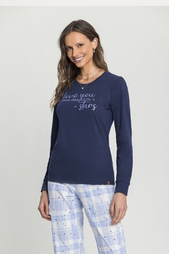 Pijama Manga Longa Feminino Azul Xadrez Com Estrelas MS0141341