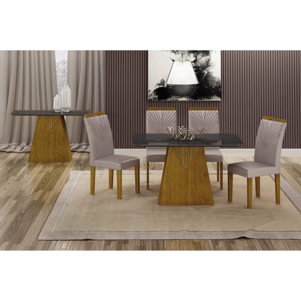 Conjunto Sala de Jantar Mesa Tampo MDF/Vidro com 4 Cadeiras