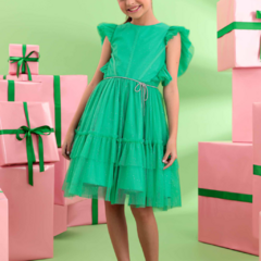 VESTIDO PETIT CHERIE JAP TULE VERDE CINTO STRASS CELEBRATION NATAL