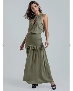 VESTIDO VERDE MILITAR LONGO LASTEX COM BABADOS - comprar online