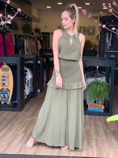 Imagem do VESTIDO VERDE MILITAR LONGO LASTEX COM BABADOS