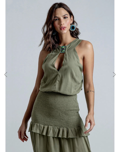 VESTIDO VERDE MILITAR LONGO LASTEX COM BABADOS