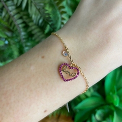 Pulseira Ouro Coração Love Rosa e Ponto de Luz (6487)