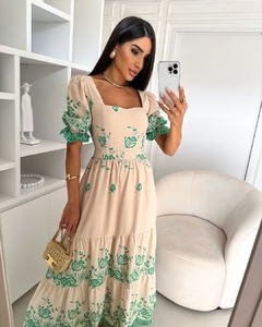 VESTIDO NUDE BORDADO VERDE MANGA PRINCESA - comprar online