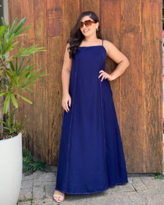 VESTIDO LONGO AZUL MARINHO LARGUINHO COM PESPONTO E BOLSOS ALCINHA REGULÁVEL