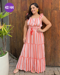 VESTIDO LONGO ESTAMPA LARANJA FIOS LUREX BOHO CHIC 42/44