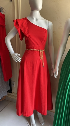 VESTIDO VERMELHO MIDI UM OMBRO SÓ - loja online