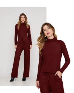 CONJUNTO CANELADO BLUSA GOLA ALTA E PANTALONA CÓS DE ELÁSTICO P - Camila Raidan