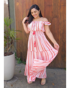 VESTIDO LONGO ESTAMPA LARANJA FIOS LUREX BOHO CHIC 42/44 - Camila Raidan