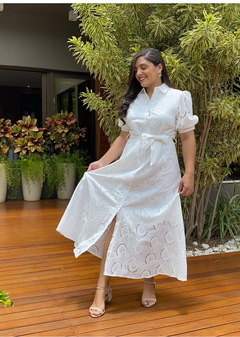 Imagem do VESTIDO CHEMISE LAISE BRANCO COM MANGA CURTA BUFANTE E CINTO FAIXA