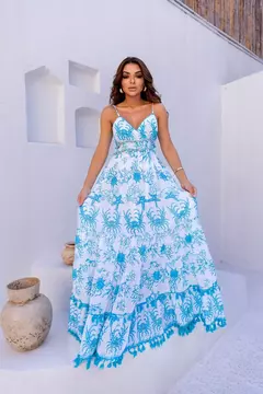 VESTIDO LONGO BOHO ESTAMPADO ALCINHA DET BORDADO