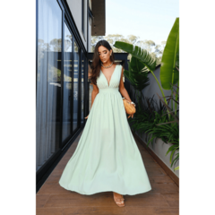 VESTIDO LONGO VERDE CLARO DECOTE V ELEGANTE - comprar online